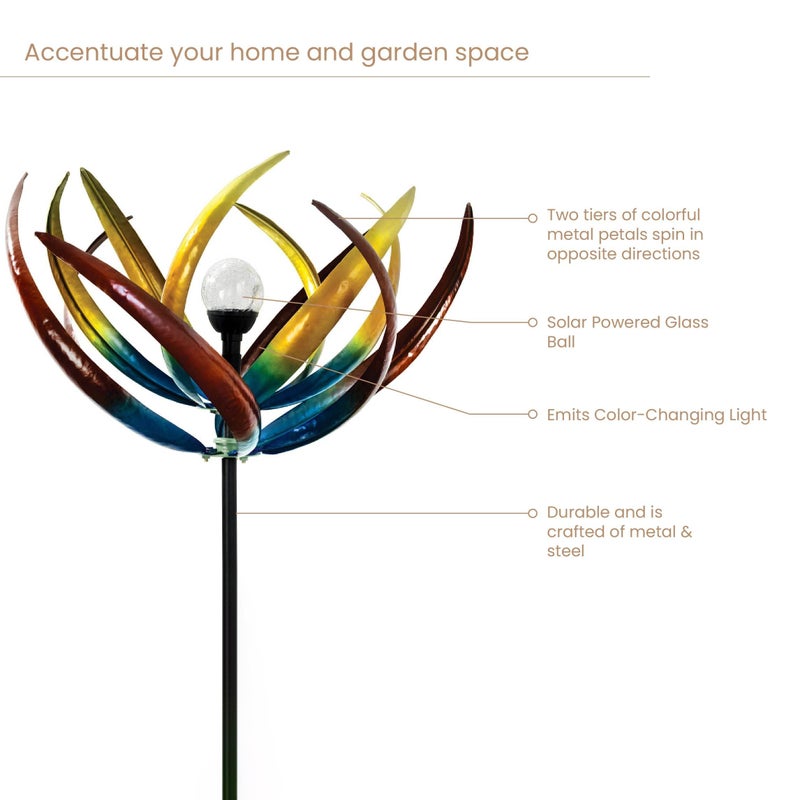 Bits and Pieces Tulip Wind Spinners Outdoor Solar Lighted Metal Wind Spinner, Large Kinetic Garden Sculptures, Crackle Glass Light, Multi-Colored Garden Decor - Image 5